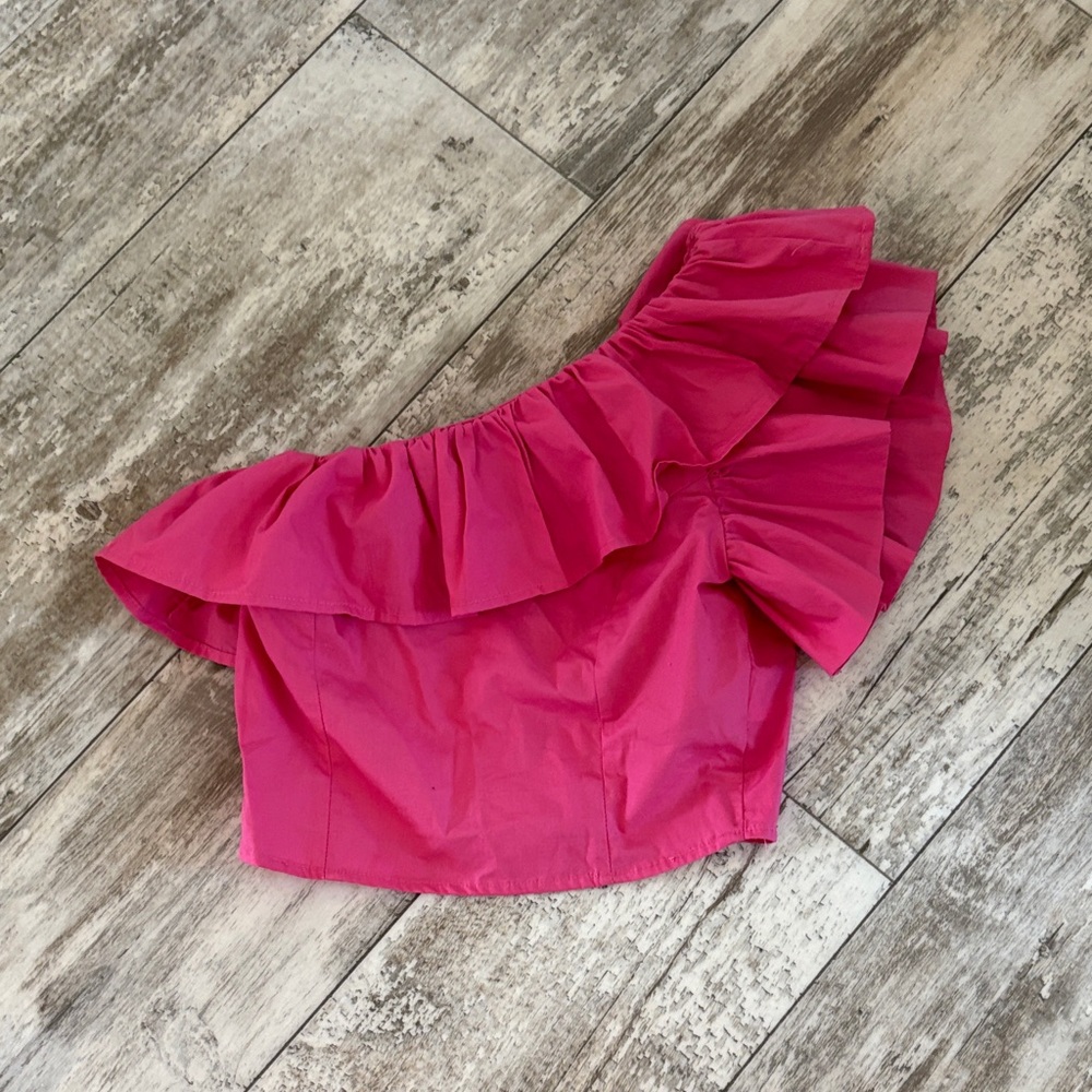 Pink One-Shoulder Ruffle Crop Skirt